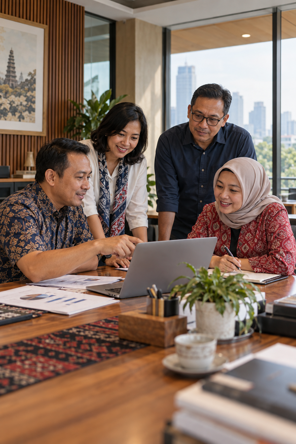 Para pelaku usaha berdiskusi dan berkolaborasi di meja kerja